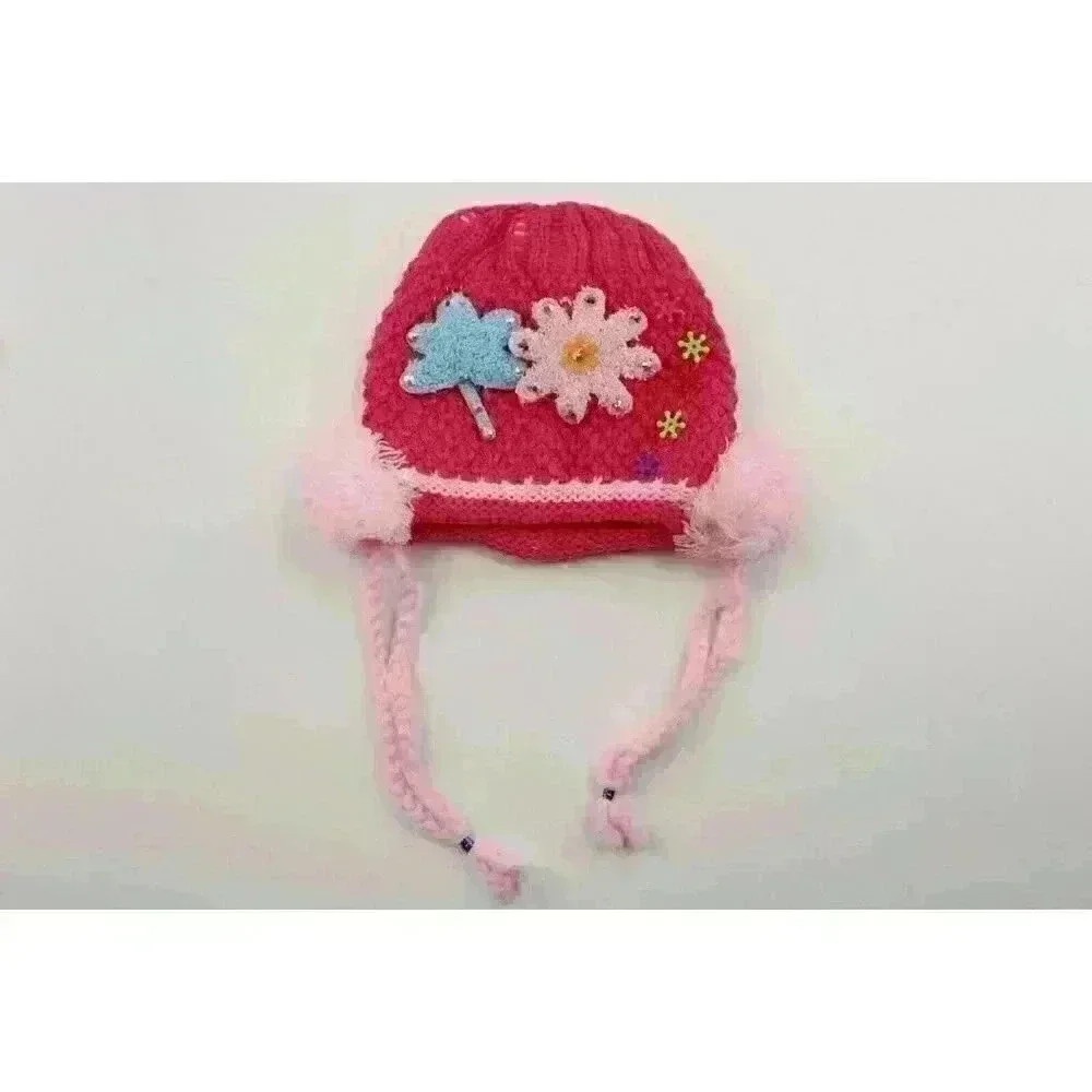 HAND knitted girl hat with knitted applique with beads for 3-6 year old. NEW.